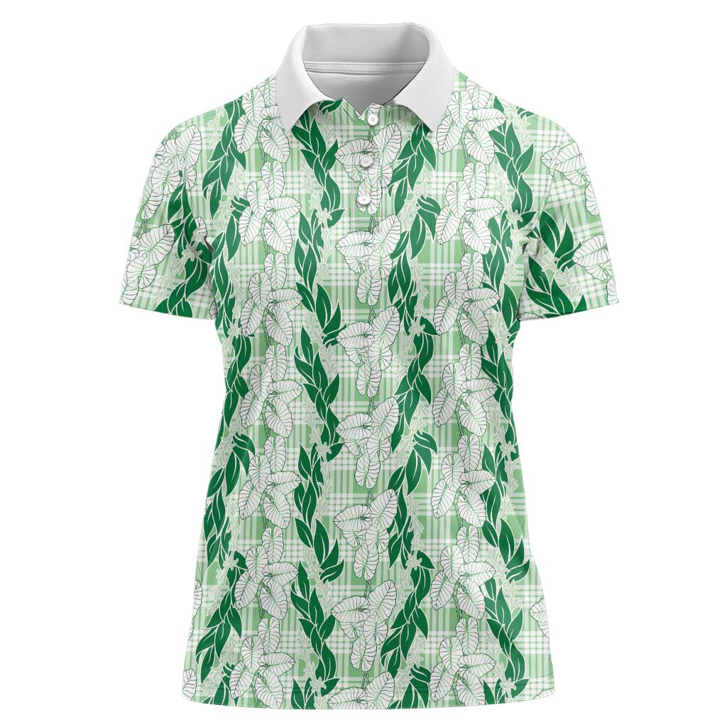 Hawaii Ti Leaf Maile Tuberose Lei Women Polo Shirt With Hanalei Leaf Green LT05 Female Green - Polynesian Pride