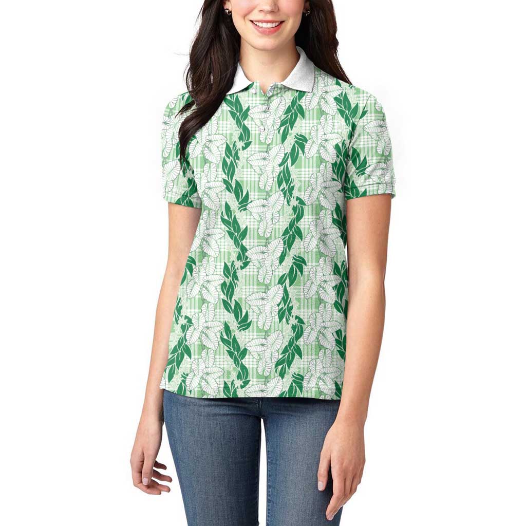 Hawaii Ti Leaf Maile Tuberose Lei Women Polo Shirt With Hanalei Leaf Green LT05 - Polynesian Pride