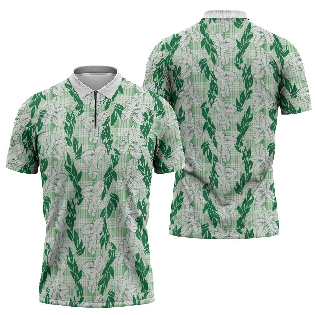 Hawaii Ti Leaf Maile Tuberose Lei Zipper Polo Shirt With Hanalei Leaf Green LT05 - Polynesian Pride
