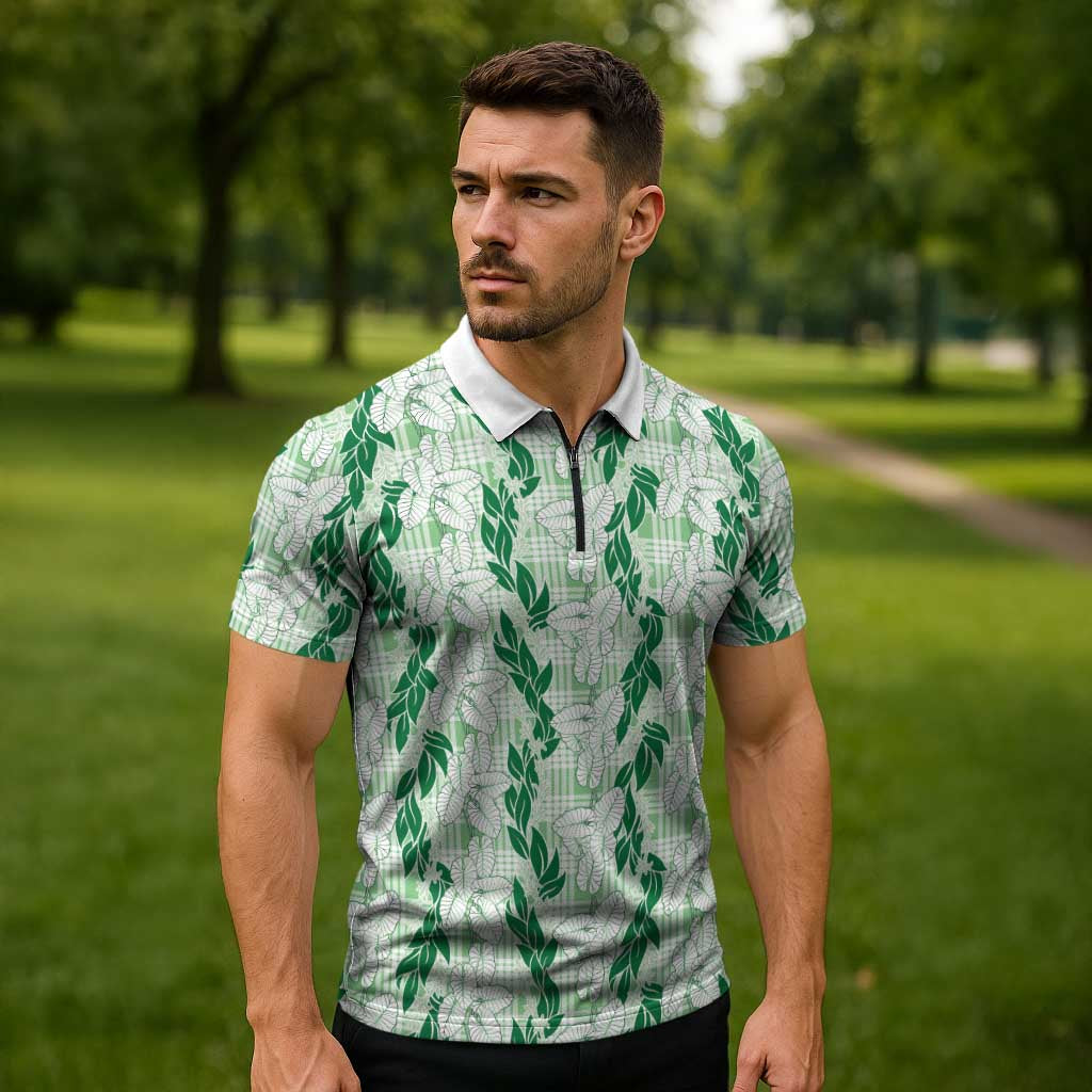 Hawaii Ti Leaf Maile Tuberose Lei Zipper Polo Shirt With Hanalei Leaf Green LT05 - Polynesian Pride