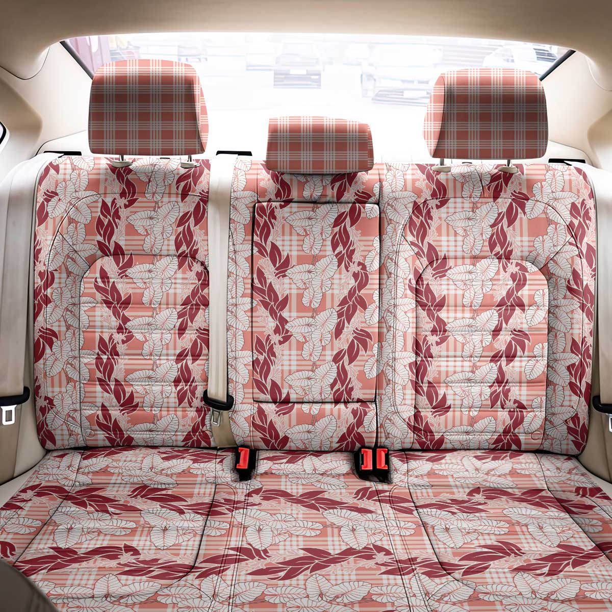 Hawaii Ti Leaf Maile Tuberose Lei Back Car Seat Cover With Hanalei Leaf Red LT05 - Polynesian Pride