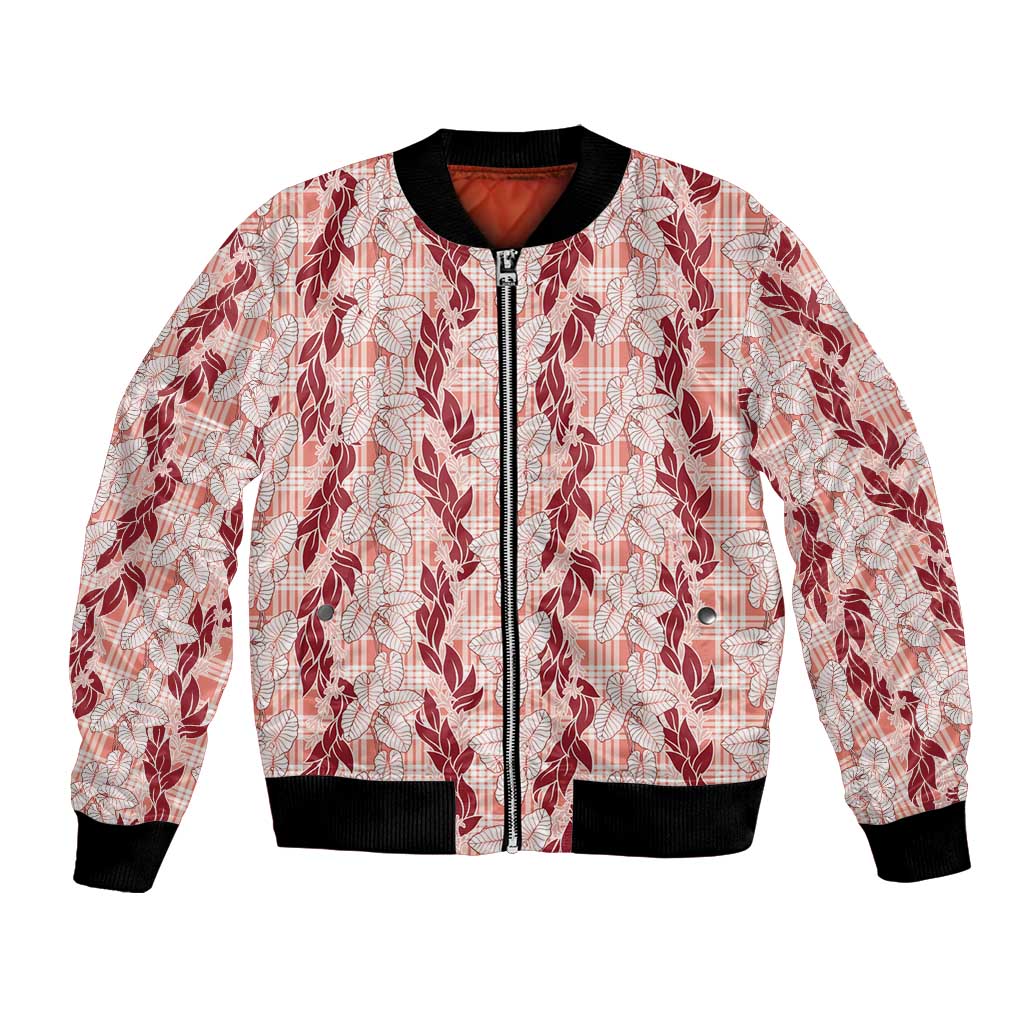 Hawaii Ti Leaf Maile Tuberose Lei Bomber Jacket With Hanalei Leaf Red LT05 Unisex Red - Polynesian Pride