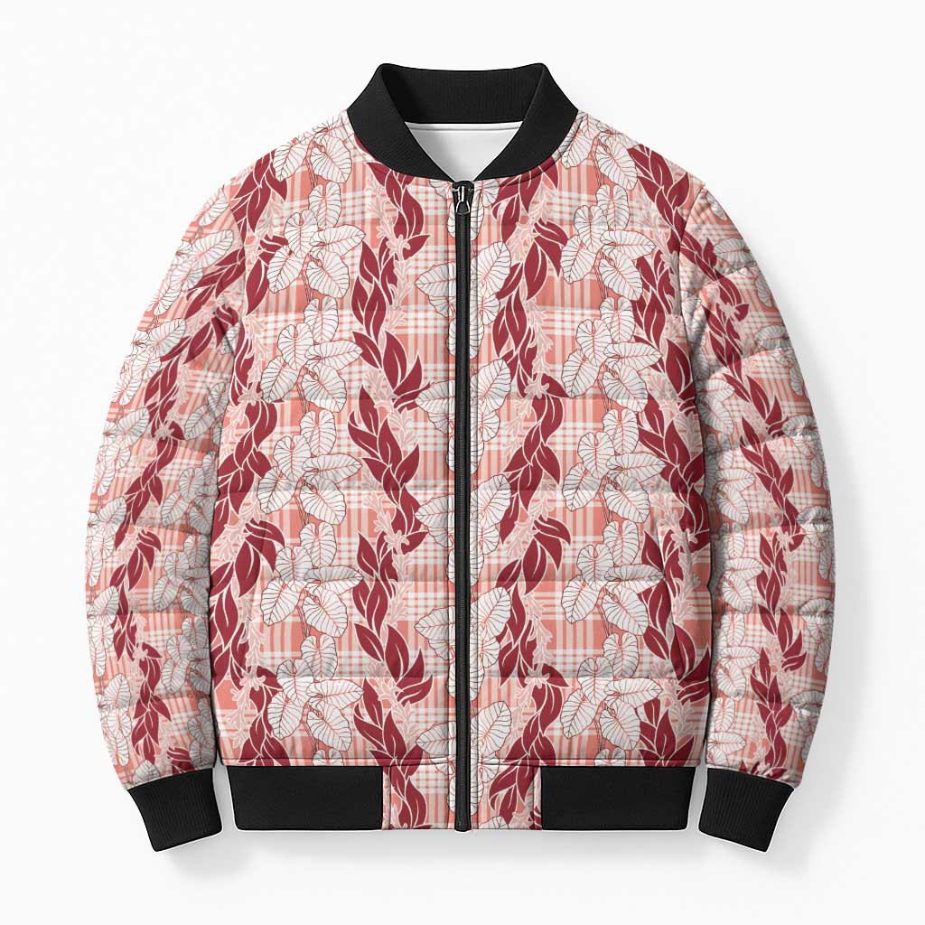 Hawaii Ti Leaf Maile Tuberose Lei Bomber Puffer Jacket With Hanalei Leaf Red LT05 Unisex Red - Polynesian Pride