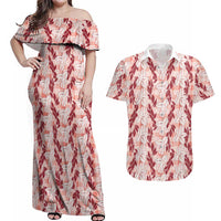 Hawaii Ti Leaf Maile Tuberose Lei Couples Matching Off Shoulder Maxi Dress and Hawaiian Shirt With Hanalei Leaf Red LT05 Red - Polynesian Pride