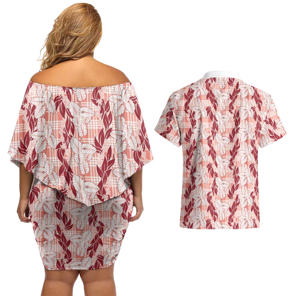 Hawaii Ti Leaf Maile Tuberose Lei Couples Matching Off Shoulder Short Dress and Hawaiian Shirt With Hanalei Leaf Red LT05 - Polynesian Pride