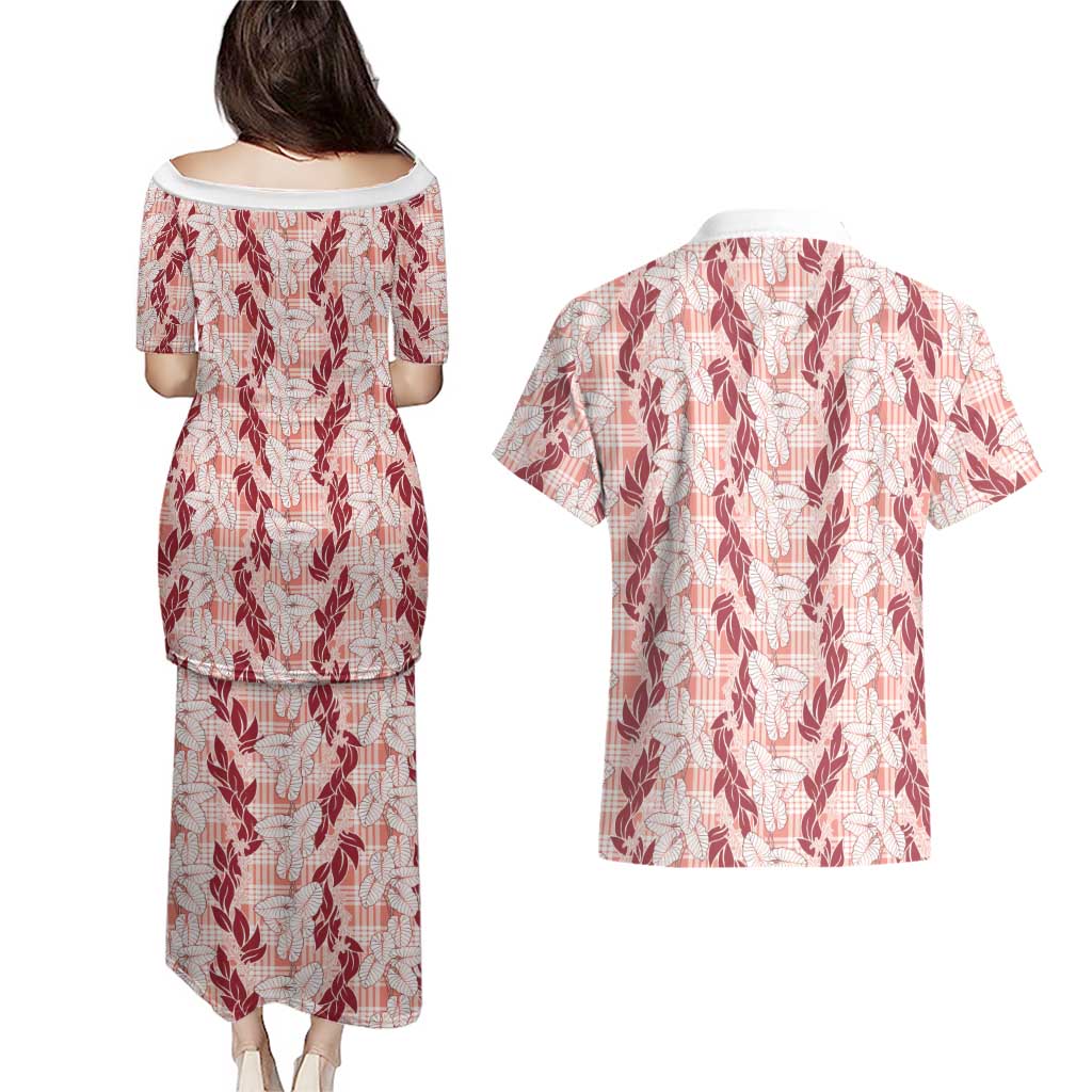 Hawaii Ti Leaf Maile Tuberose Lei Couples Matching Puletasi and Hawaiian Shirt With Hanalei Leaf Red LT05 - Polynesian Pride