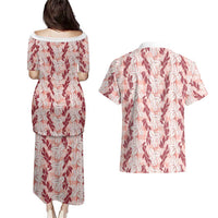 Hawaii Ti Leaf Maile Tuberose Lei Couples Matching Puletasi and Hawaiian Shirt With Hanalei Leaf Red LT05 - Polynesian Pride