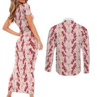 Hawaii Ti Leaf Maile Tuberose Lei Couples Matching Short Sleeve Bodycon Dress and Long Sleeve Button Shirt With Hanalei Leaf Red LT05 - Polynesian Pride