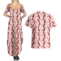 Hawaii Ti Leaf Maile Tuberose Lei Couples Matching Summer Maxi Dress and Hawaiian Shirt With Hanalei Leaf Red LT05 - Polynesian Pride