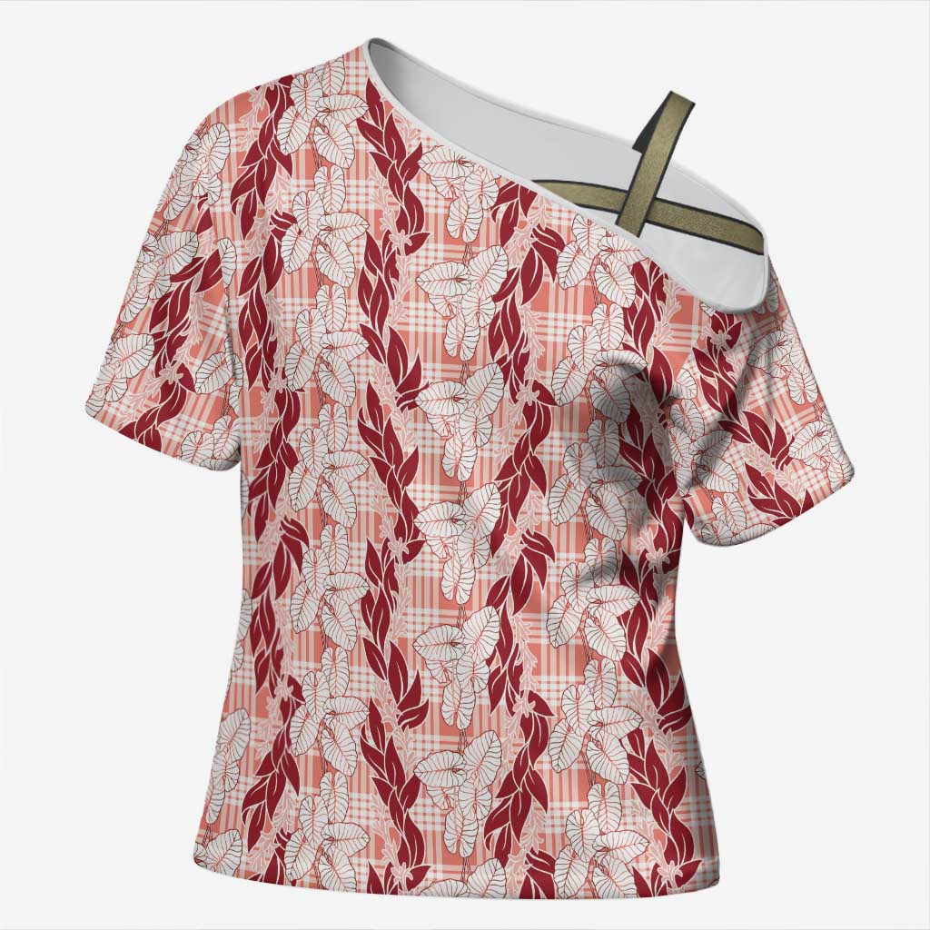 Hawaii Ti Leaf Maile Tuberose Lei Cross Shoulder Shirt With Hanalei Leaf Red LT05 Female Red - Polynesian Pride