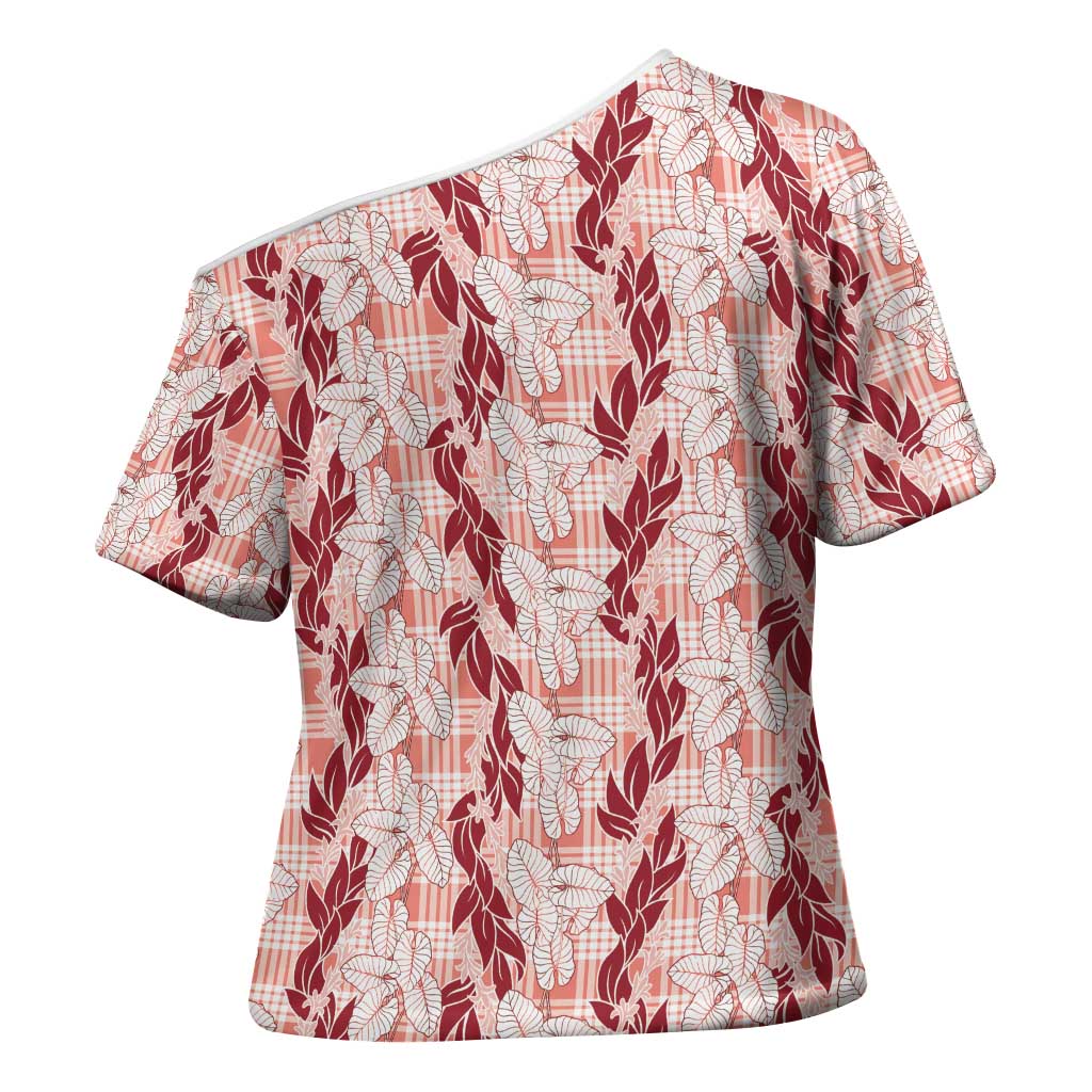 Hawaii Ti Leaf Maile Tuberose Lei Cross Shoulder Shirt With Hanalei Leaf Red LT05 - Polynesian Pride