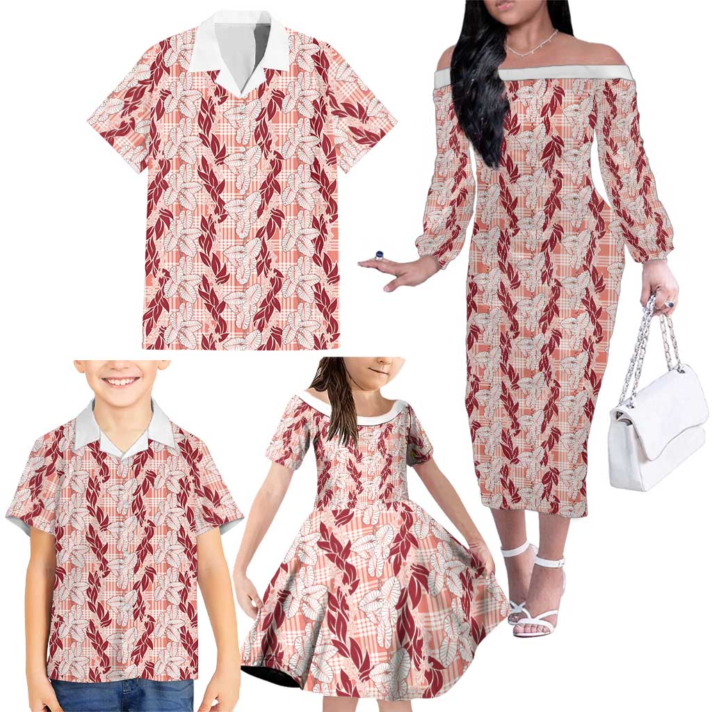 Hawaii Ti Leaf Maile Tuberose Lei Family Matching Off The Shoulder Long Sleeve Dress and Hawaiian Shirt With Hanalei Leaf Red