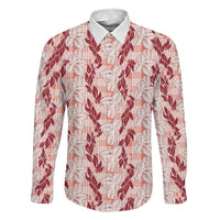 Hawaii Ti Leaf Maile Tuberose Lei Family Matching Off The Shoulder Long Sleeve Dress and Hawaiian Shirt With Hanalei Leaf Red LT05 Dad's Shirt - Long Sleeve Red - Polynesian Pride