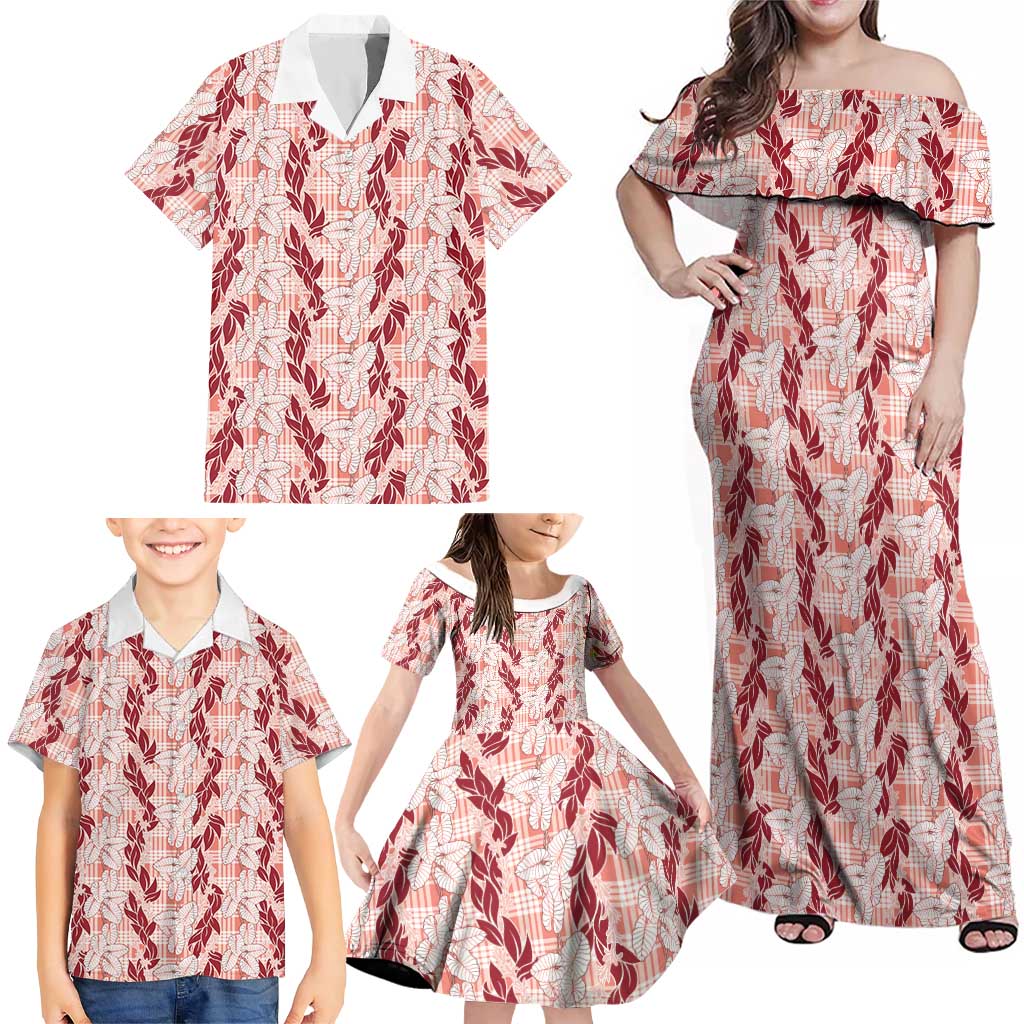 Hawaii Ti Leaf Maile Tuberose Lei Family Matching Off Shoulder Maxi Dress and Hawaiian Shirt With Hanalei Leaf Red LT05 - Polynesian Pride