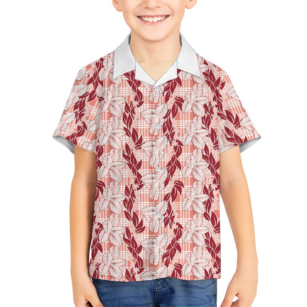Hawaii Ti Leaf Maile Tuberose Lei Family Matching Off Shoulder Maxi Dress and Hawaiian Shirt With Hanalei Leaf Red LT05 Son's Shirt Red - Polynesian Pride