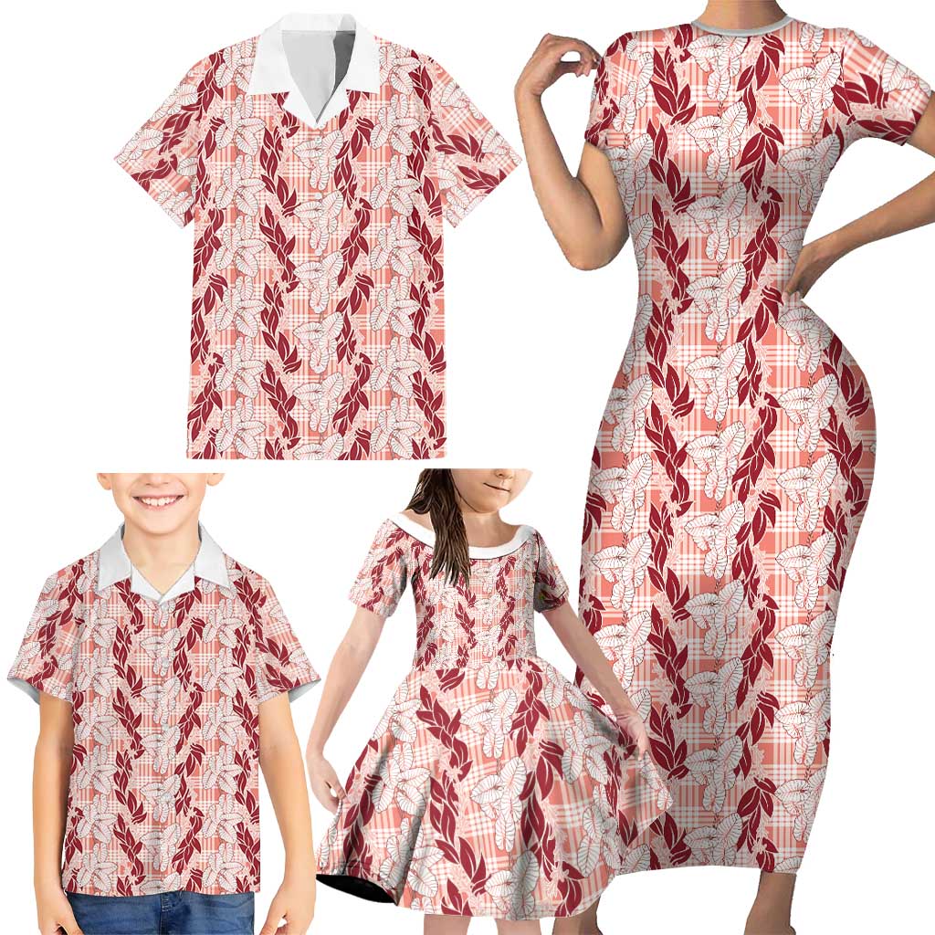 Hawaii Ti Leaf Maile Tuberose Lei Family Matching Short Sleeve Bodycon Dress and Hawaiian Shirt With Hanalei Leaf Red