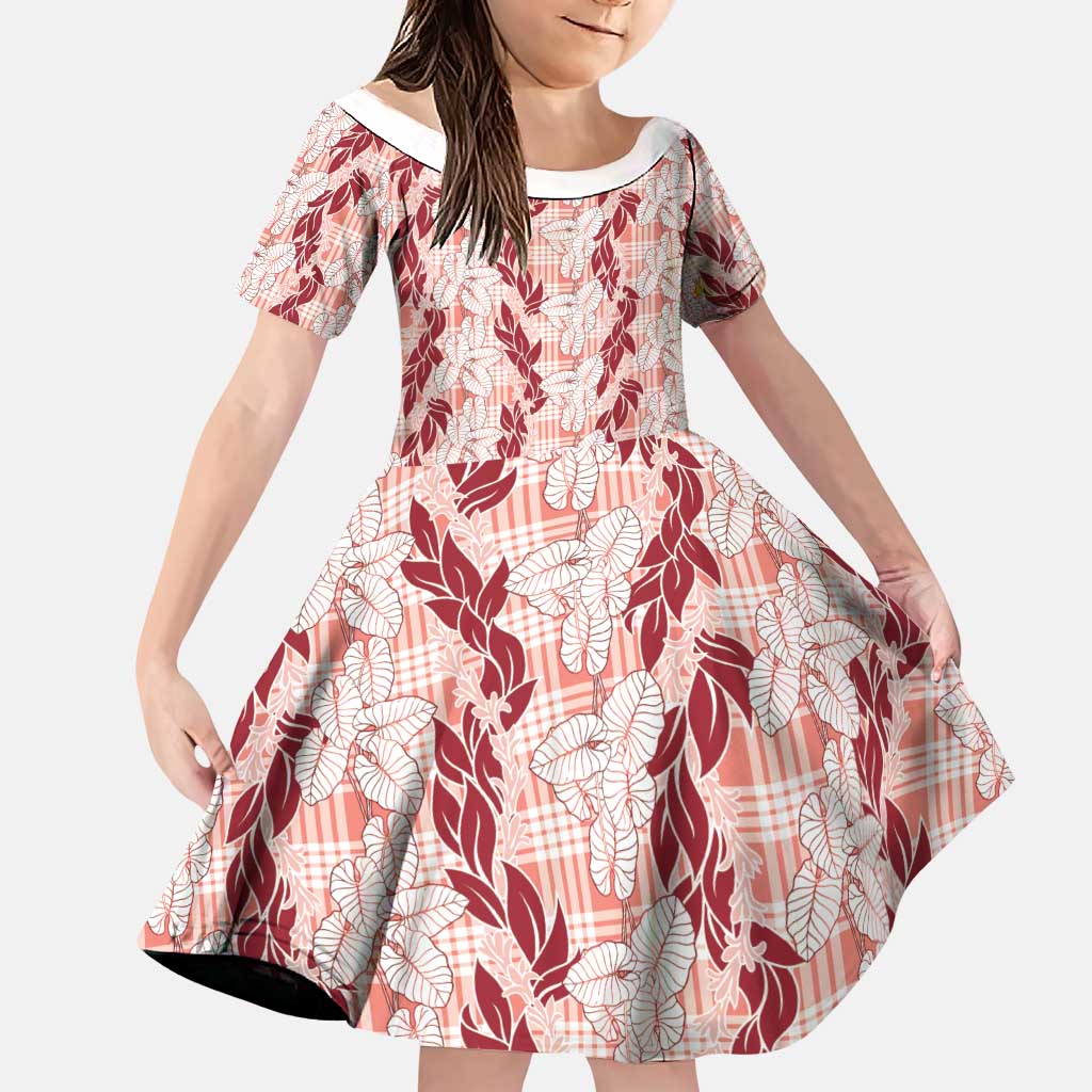 Hawaii Ti Leaf Maile Tuberose Lei Family Matching Summer Maxi Dress and Hawaiian Shirt With Hanalei Leaf Red LT05 Daughter's Dress Red - Polynesian Pride