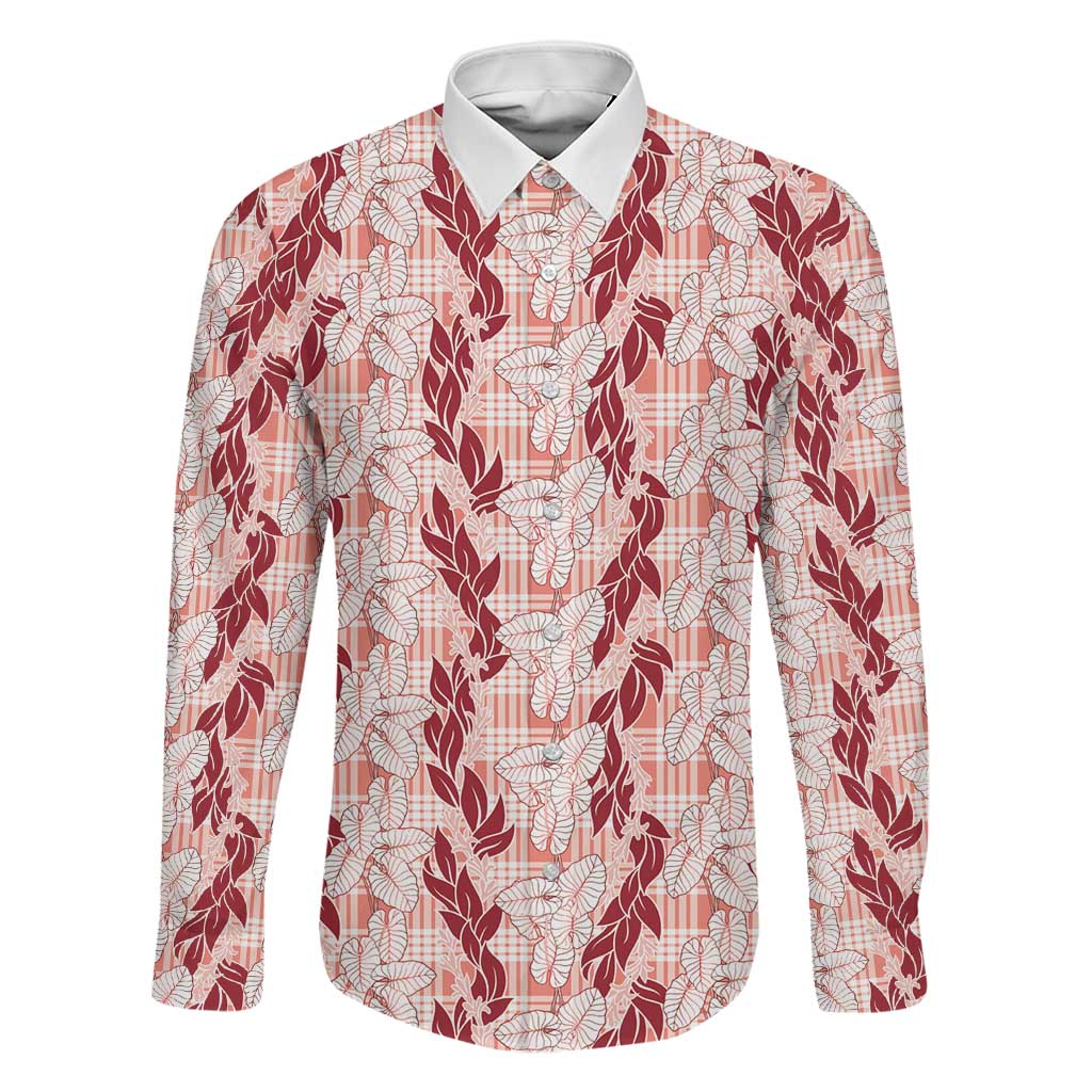 Hawaii Ti Leaf Maile Tuberose Lei Family Matching Tank Maxi Dress and Hawaiian Shirt With Hanalei Leaf Red LT05 Dad's Shirt - Long Sleeve Red - Polynesian Pride