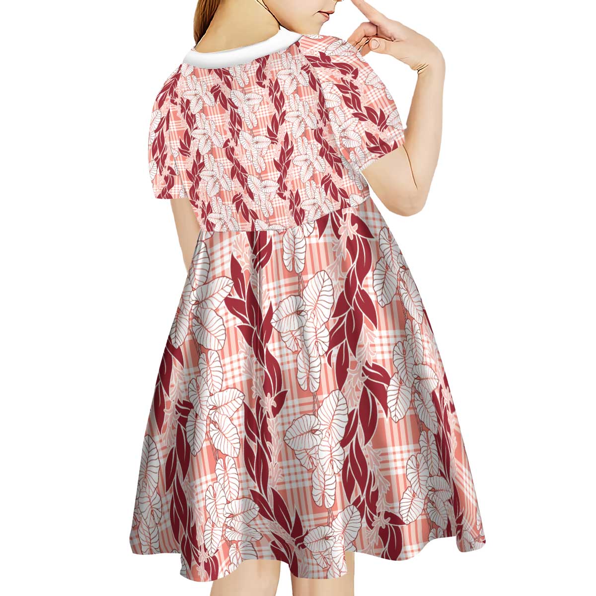 Hawaii Ti Leaf Maile Tuberose Lei Kid Short Sleeve Dress With Hanalei Leaf Red LT05 - Polynesian Pride