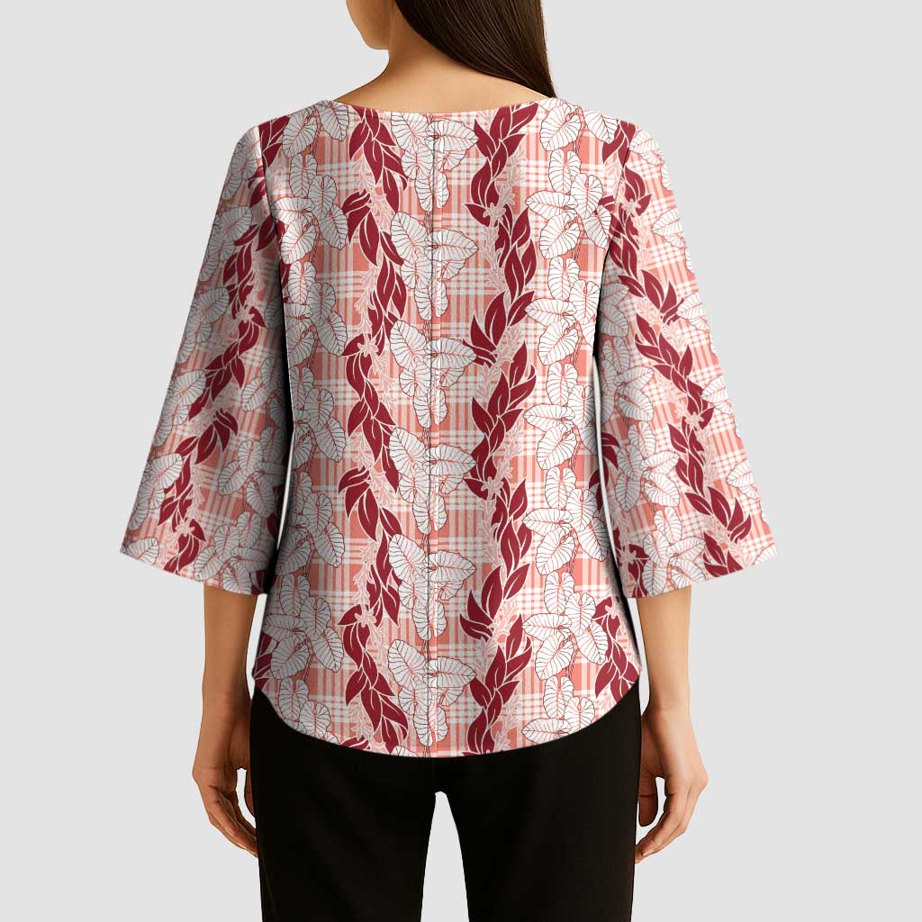 Hawaii Ti Leaf Maile Tuberose Lei Kimono Sleeve Blouse With Hanalei Leaf Red LT05 - Polynesian Pride