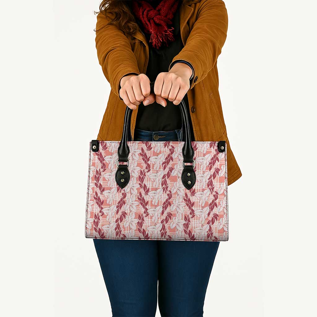 Hawaii Ti Leaf Maile Tuberose Lei Leather Bag With Hanalei Leaf Red LT05 - Polynesian Pride