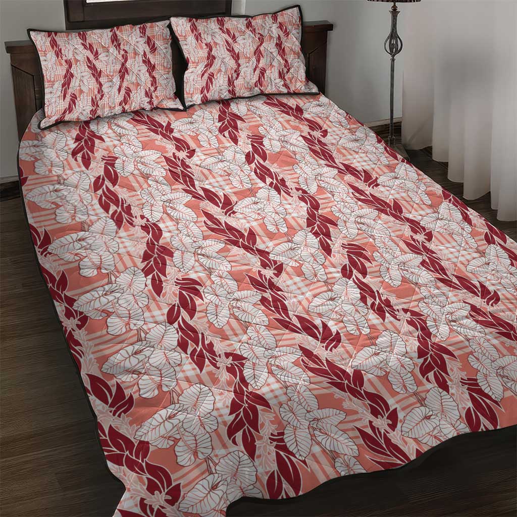 Hawaii Ti Leaf Maile Tuberose Lei Quilt Bed Set With Hanalei Leaf Red