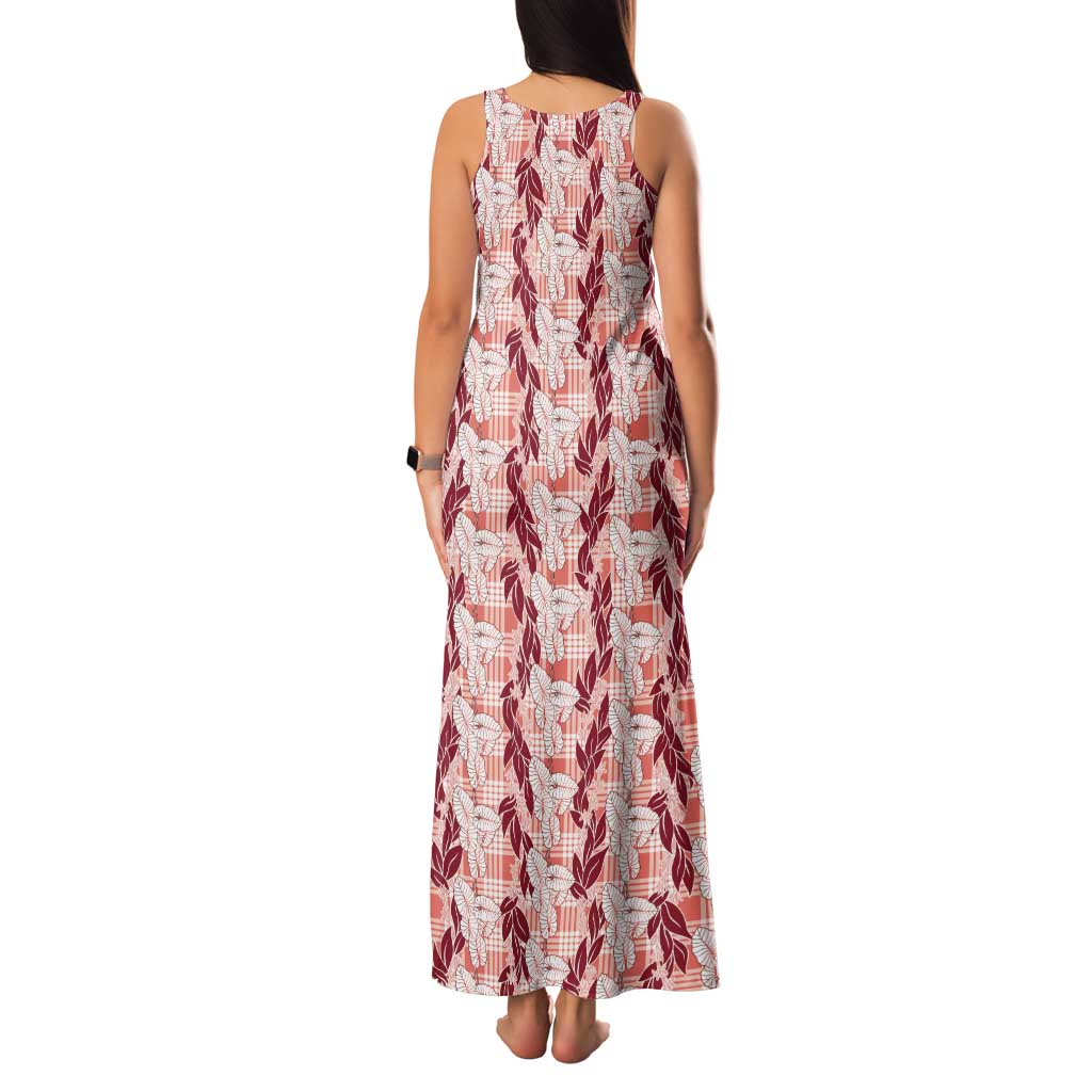 Hawaii Ti Leaf Maile Tuberose Lei Tank Maxi Dress With Hanalei Leaf Red LT05 - Polynesian Pride