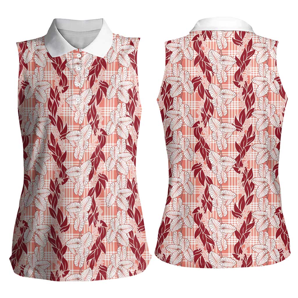 Hawaii Ti Leaf Maile Tuberose Lei Women Sleeveless Polo Shirt With Hanalei Leaf Red LT05 - Polynesian Pride