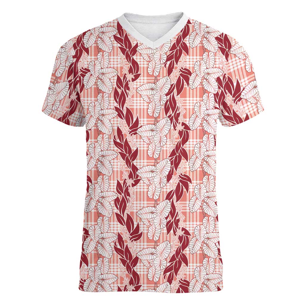 Hawaii Ti Leaf Maile Tuberose Lei Women V-Neck T-Shirt With Hanalei Leaf Red LT05 Female Red - Polynesian Pride