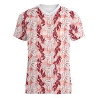 Hawaii Ti Leaf Maile Tuberose Lei Women V-Neck T-Shirt With Hanalei Leaf Red LT05 Female Red - Polynesian Pride