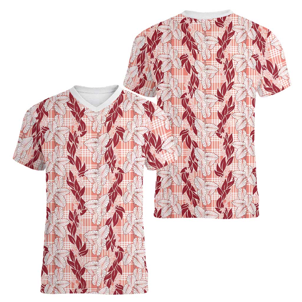 Hawaii Ti Leaf Maile Tuberose Lei Women V-Neck T-Shirt With Hanalei Leaf Red LT05 - Polynesian Pride