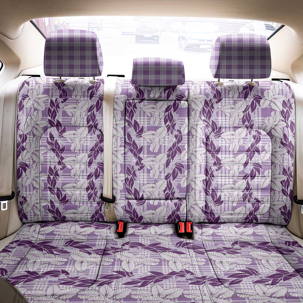 Hawaii Ti Leaf Maile Tuberose Lei Back Car Seat Cover With Hanalei Leaf Purple LT05 - Polynesian Pride
