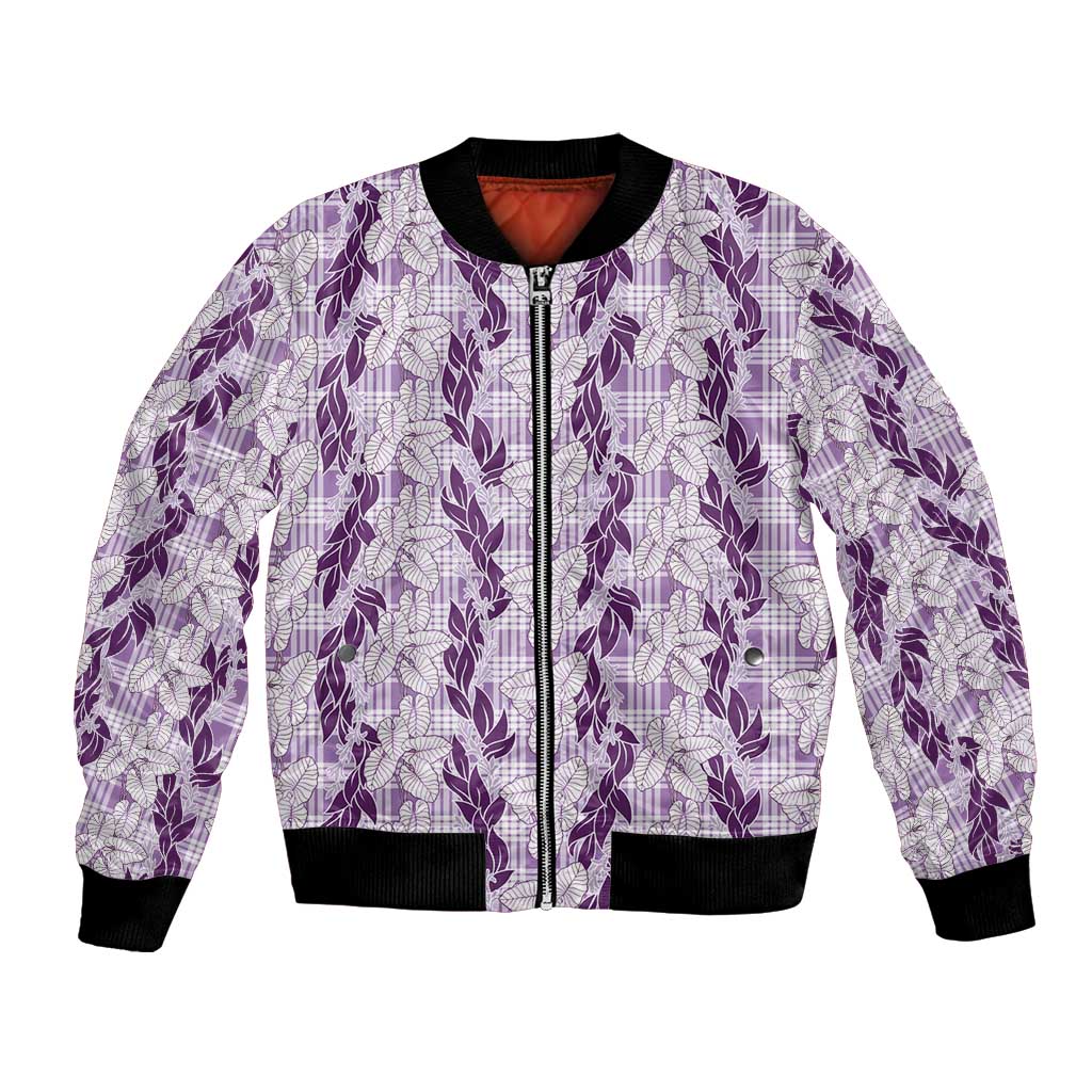 Hawaii Ti Leaf Maile Tuberose Lei Bomber Jacket With Hanalei Leaf Purple