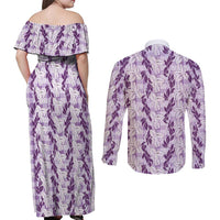 Hawaii Ti Leaf Maile Tuberose Lei Couples Matching Off Shoulder Maxi Dress and Long Sleeve Button Shirt With Hanalei Leaf Purple LT05 - Polynesian Pride