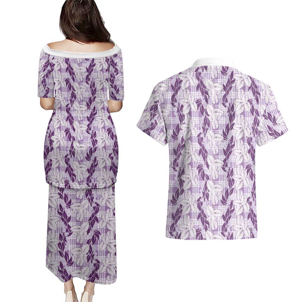 Hawaii Ti Leaf Maile Tuberose Lei Couples Matching Puletasi and Hawaiian Shirt With Hanalei Leaf Purple LT05 - Polynesian Pride