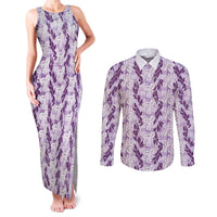 Hawaii Ti Leaf Maile Tuberose Lei Couples Matching Tank Maxi Dress and Long Sleeve Button Shirt With Hanalei Leaf Purple LT05 Purple - Polynesian Pride