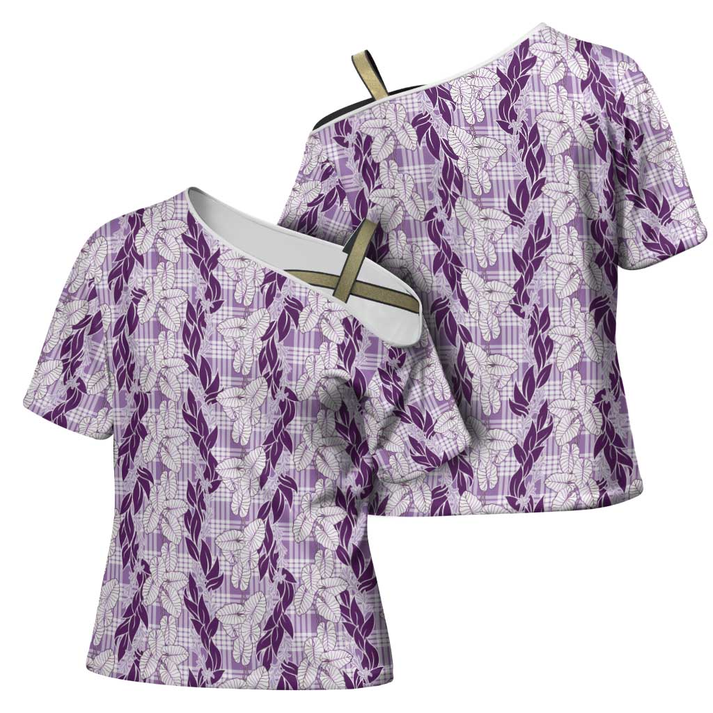 Hawaii Ti Leaf Maile Tuberose Lei Cross Shoulder Shirt With Hanalei Leaf Purple LT05 - Polynesian Pride