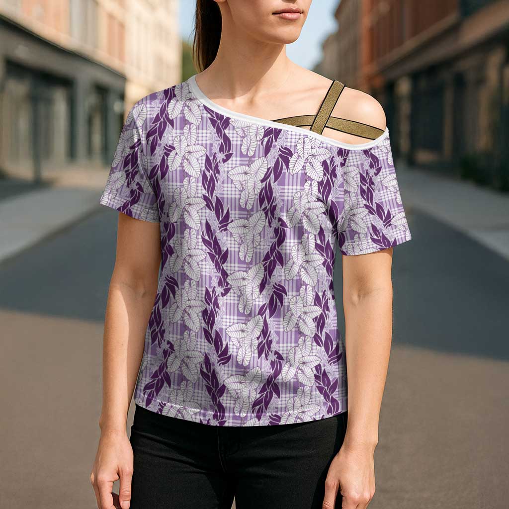 Hawaii Ti Leaf Maile Tuberose Lei Cross Shoulder Shirt With Hanalei Leaf Purple LT05 - Polynesian Pride
