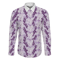 Hawaii Ti Leaf Maile Tuberose Lei Family Matching Off Shoulder Maxi Dress and Hawaiian Shirt With Hanalei Leaf Purple LT05 Dad's Shirt - Long Sleeve Purple - Polynesian Pride