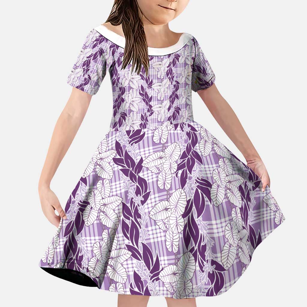 Hawaii Ti Leaf Maile Tuberose Lei Family Matching Off Shoulder Short Dress and Hawaiian Shirt With Hanalei Leaf Purple LT05 Daughter's Dress Purple - Polynesian Pride