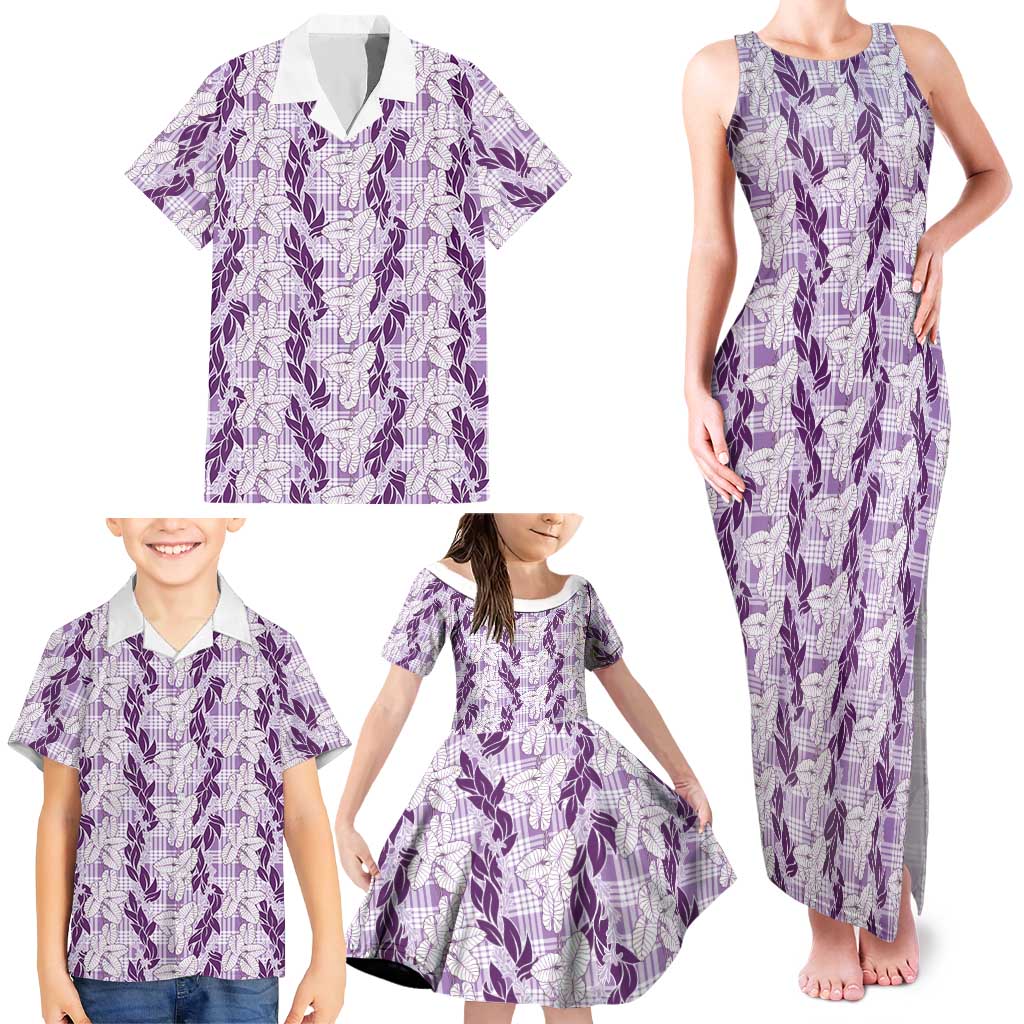 Hawaii Ti Leaf Maile Tuberose Lei Family Matching Tank Maxi Dress and Hawaiian Shirt With Hanalei Leaf Purple
