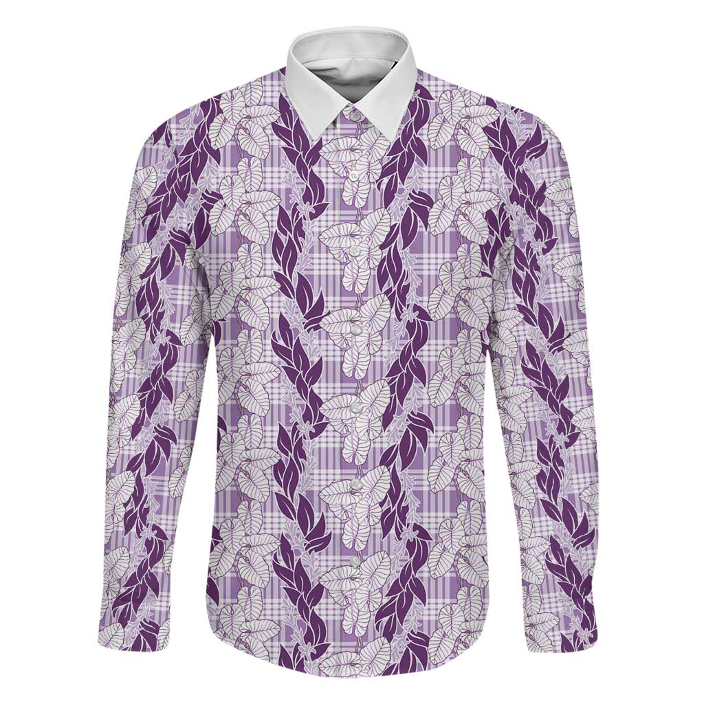 Hawaii Ti Leaf Maile Tuberose Lei Family Matching Tank Maxi Dress and Hawaiian Shirt With Hanalei Leaf Purple LT05 Dad's Shirt - Long Sleeve Purple - Polynesian Pride