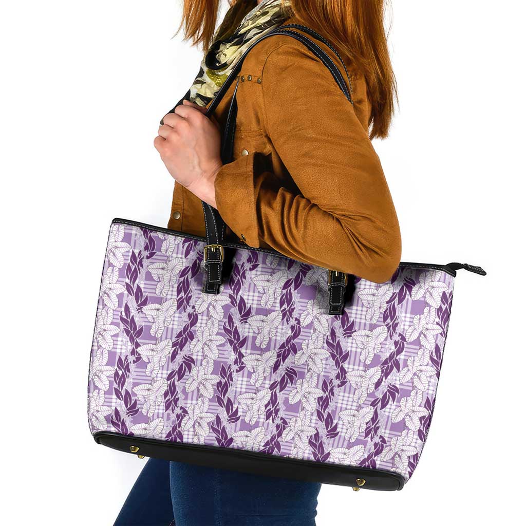 Hawaii Ti Leaf Maile Tuberose Lei Leather Tote Bag With Hanalei Leaf Purple LT05 Purple - Polynesian Pride