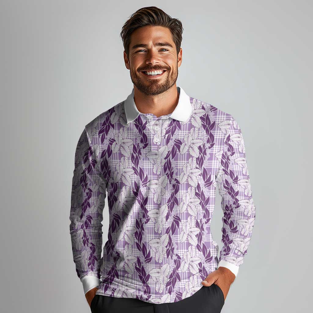 Hawaii Ti Leaf Maile Tuberose Lei Long Sleeve Polo Shirt With Hanalei Leaf Purple LT05 - Polynesian Pride