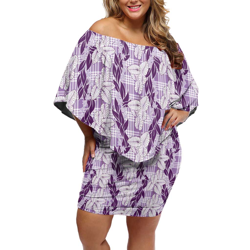 Hawaii Ti Leaf Maile Tuberose Lei Off Shoulder Short Dress With Hanalei Leaf Purple LT05 Women Purple - Polynesian Pride