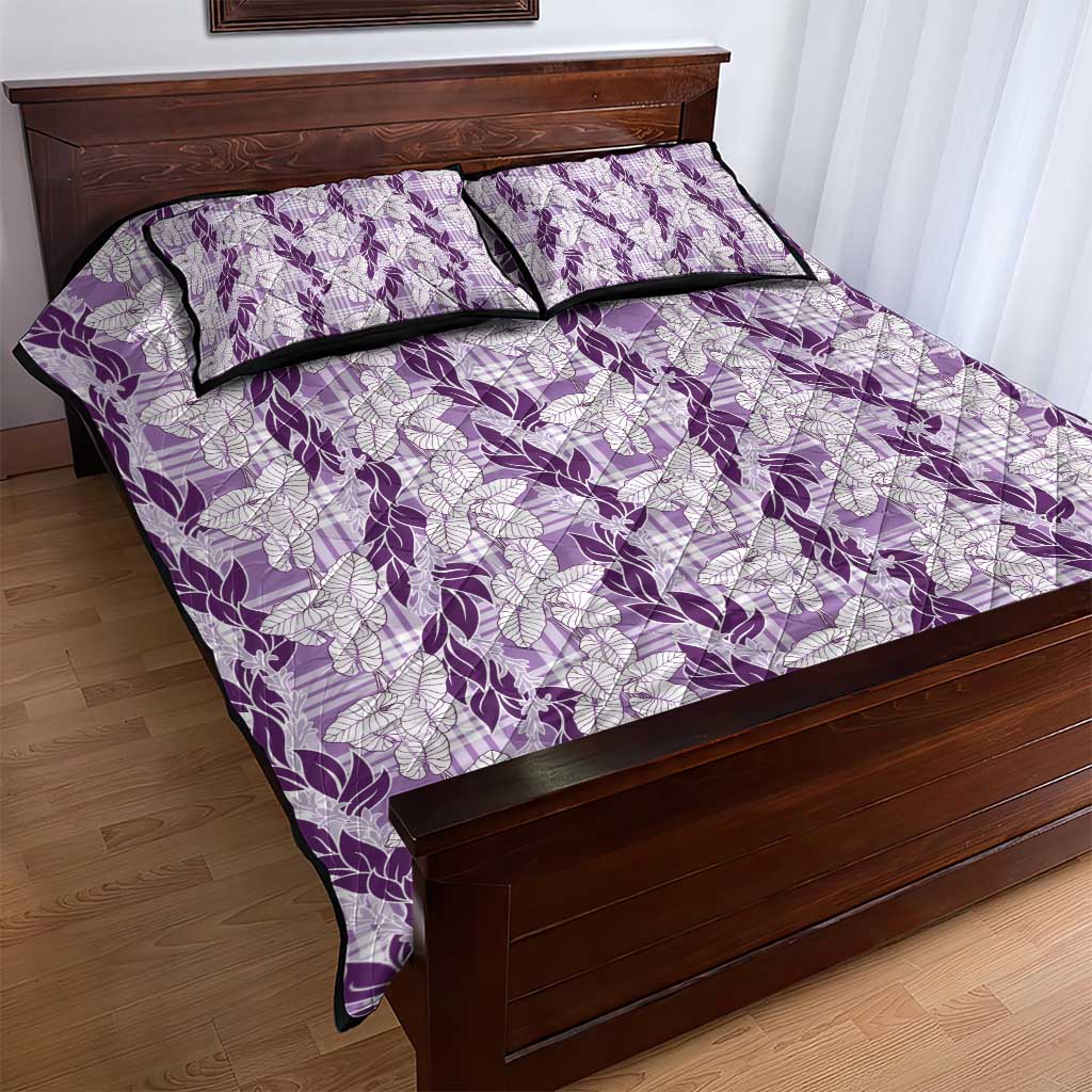 Hawaii Ti Leaf Maile Tuberose Lei Quilt Bed Set With Hanalei Leaf Purple LT05 - Polynesian Pride