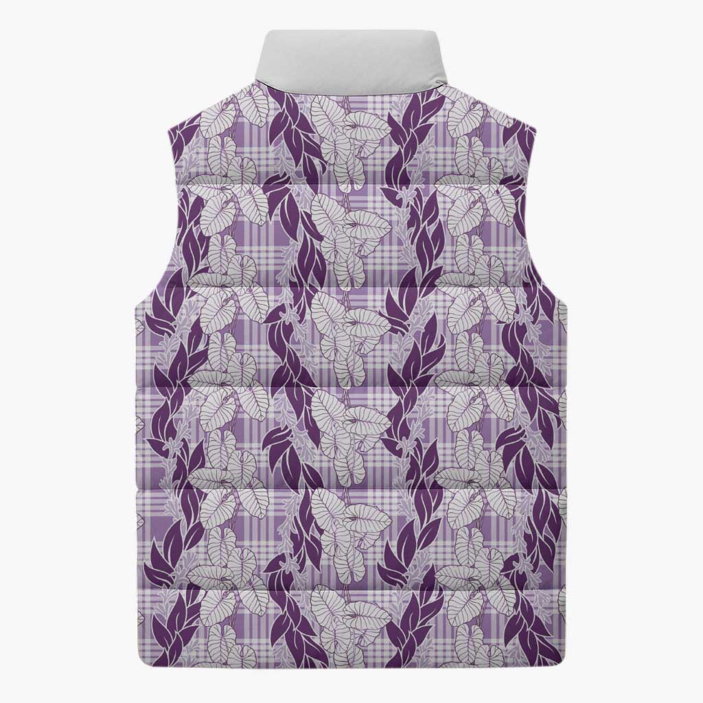 Hawaii Ti Leaf Maile Tuberose Lei Sleeveless Puffer Jacket With Hanalei Leaf Purple LT05 - Polynesian Pride