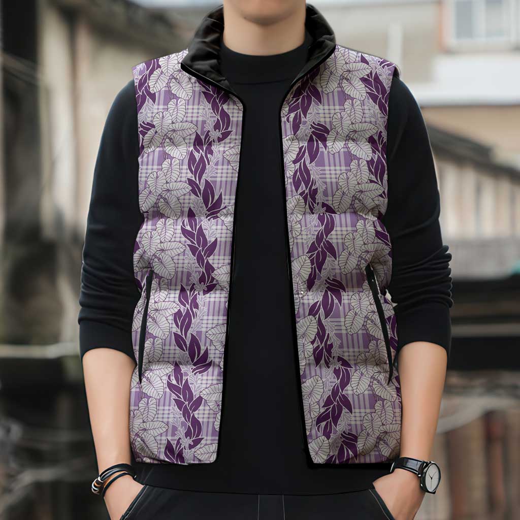 Hawaii Ti Leaf Maile Tuberose Lei Sleeveless Puffer Jacket With Hanalei Leaf Purple LT05 - Polynesian Pride