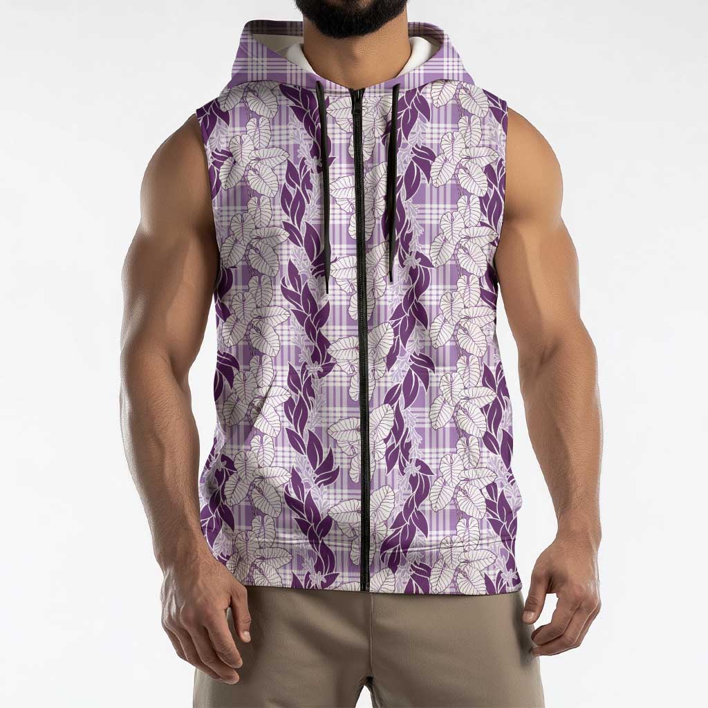 Hawaii Ti Leaf Maile Tuberose Lei Sleeveless Zip Hoodie With Hanalei Leaf Purple LT05 - Polynesian Pride