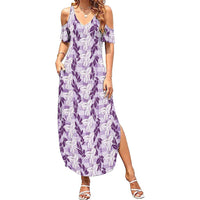 Hawaii Ti Leaf Maile Tuberose Lei Summer Maxi Dress With Hanalei Leaf Purple LT05 Women Purple - Polynesian Pride